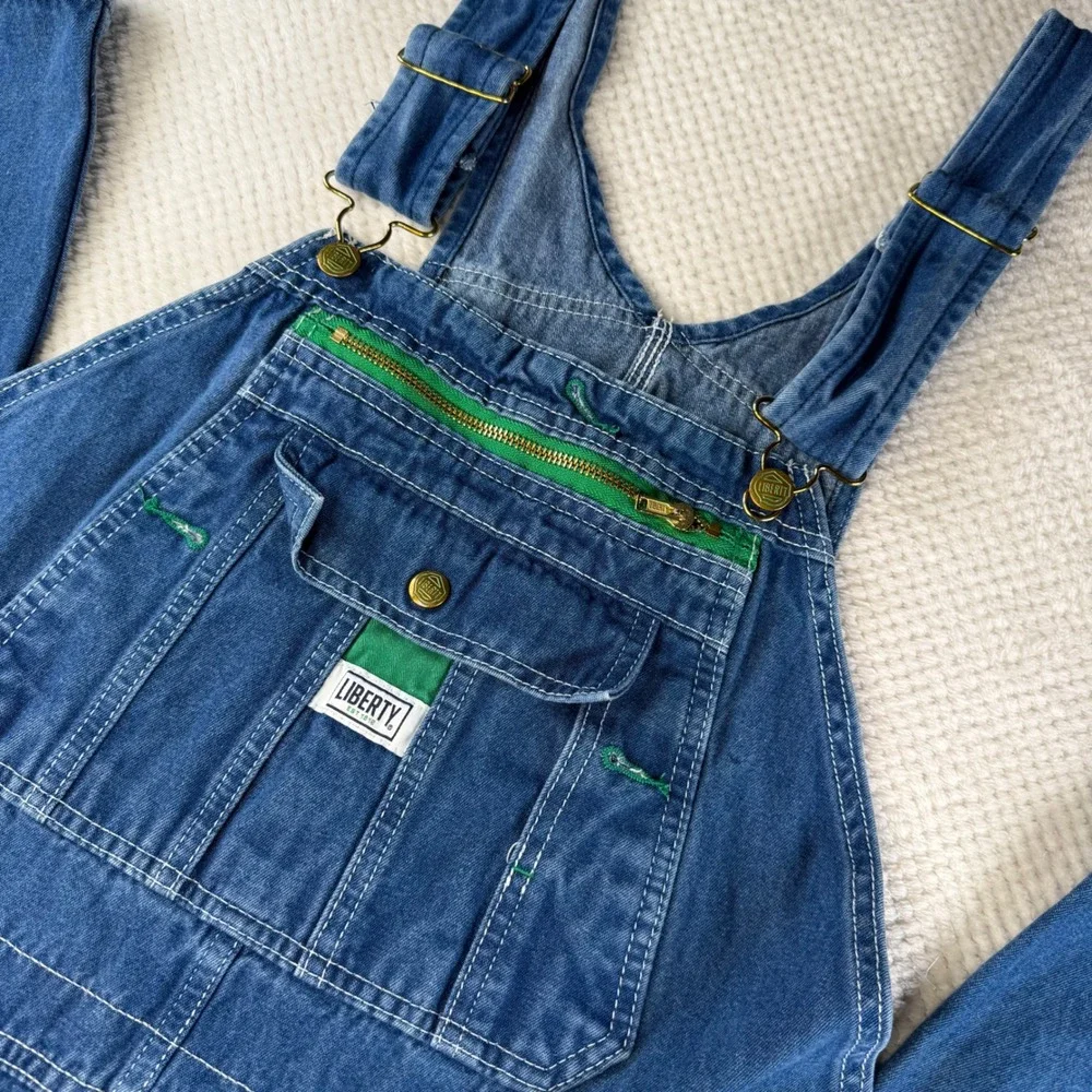 Liberty Mens Denim Bib Overalls Medium Wash Green Zipper P38402 38x32